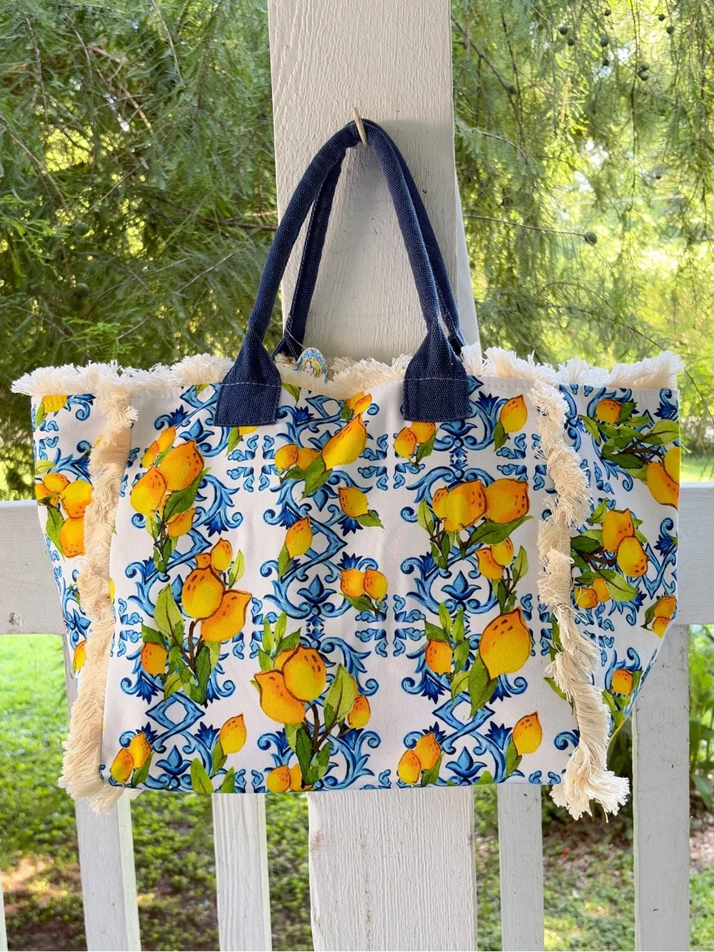 Divina Italian Design fringe beach tote bag lemon blue majolica tile print NWT